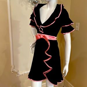 Gucci Black Stretch Jersey Ruffle Dress Pink Satin Bow Trims SIZE S RETAIL$2850